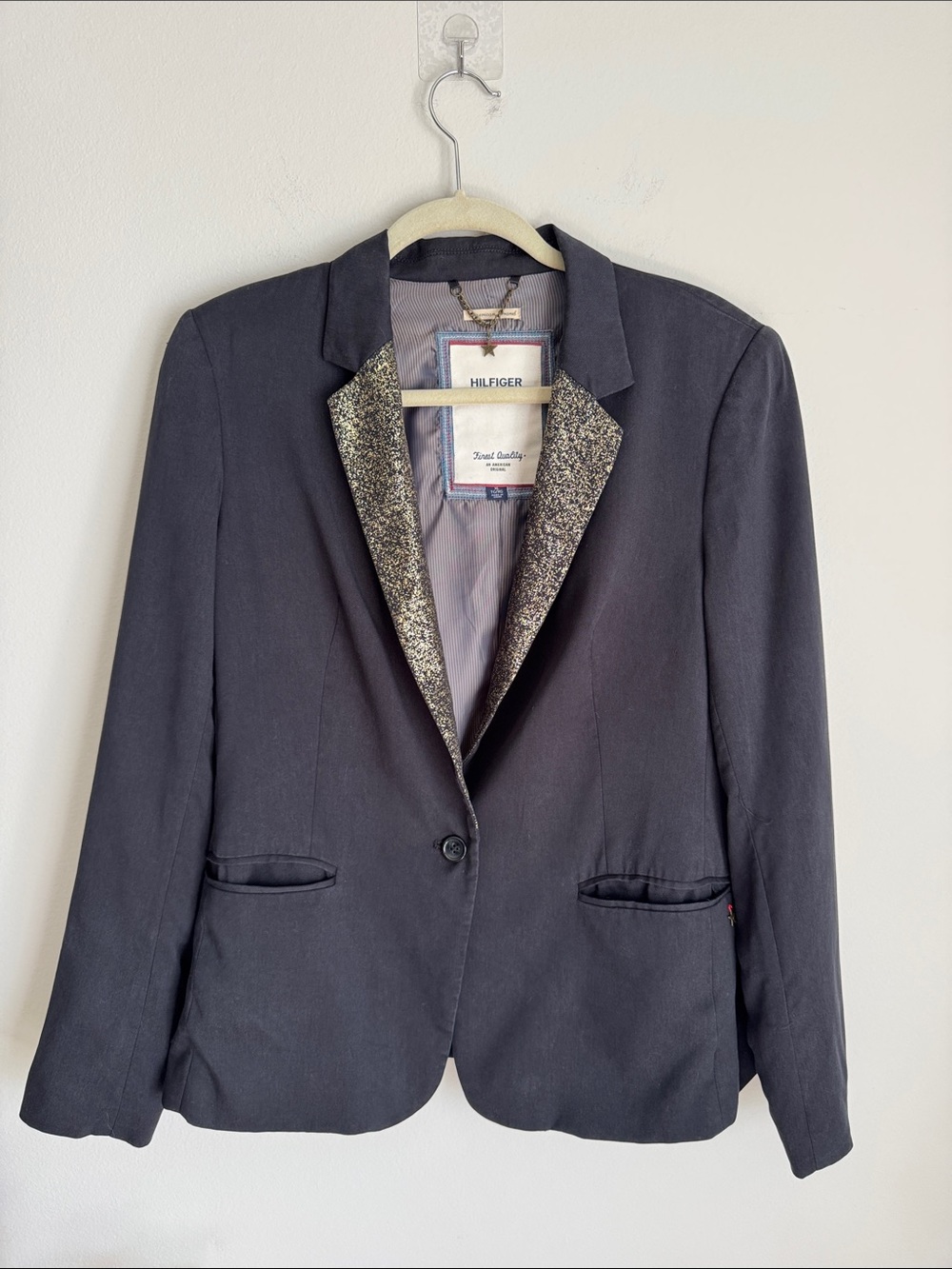 Hilfiger Denim Women’s Y2K Black Lyocell Blazer Gold Metallic Lapels Size XL